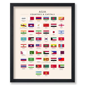 Póster de banderas de Asia - Impresión de países y capitales de Asia - Materiales de aprendizaje de arte - Decoración para el aula