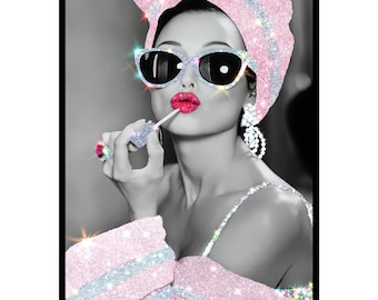 Audrey Poster - Glitter Print - Sparkling Art - Lipstick Art - Gift for Fashionista - Glamour Decor for Bedroom (UNFRAMED)