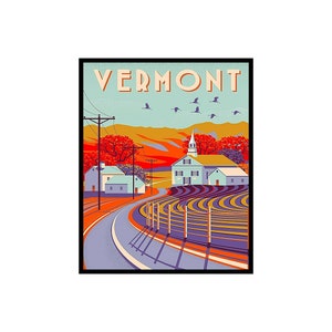 Póster de viaje vintage, impresión retro de Vermont, arte otoñal, regalo de inauguración de la casa para amantes de los viajes, decoración de pared escénica