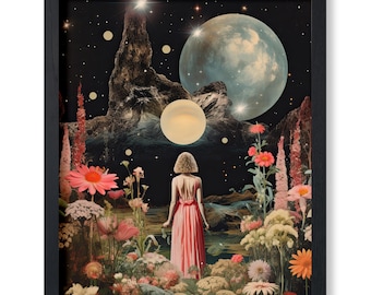 Psychedelic Poster - Flower Print - Trippy Art - Surreal Art - Moon Art - Floral Art - Aesthetic Decor for Bedroom, Living Room
