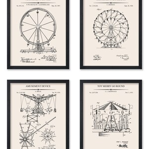 May include: Four framed prints featuring amusement ride patent illustrations. The prints include a Ferris wheel, a swing ride, and a carousel, all in black and white. Each print has the name of the device and the patent information.