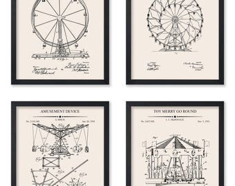 4-Piece Carnival Blueprint Print - Amusement Park Patent Poster - Entertainment & Theme Park Art