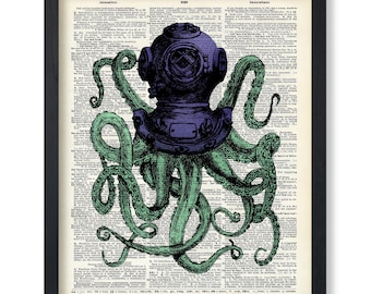 Dictionary Art Poster - Octopus in Diving Helmet Print - Kraken Art - Nautical Gift for Men, Women - Wall Decor for Bathroom