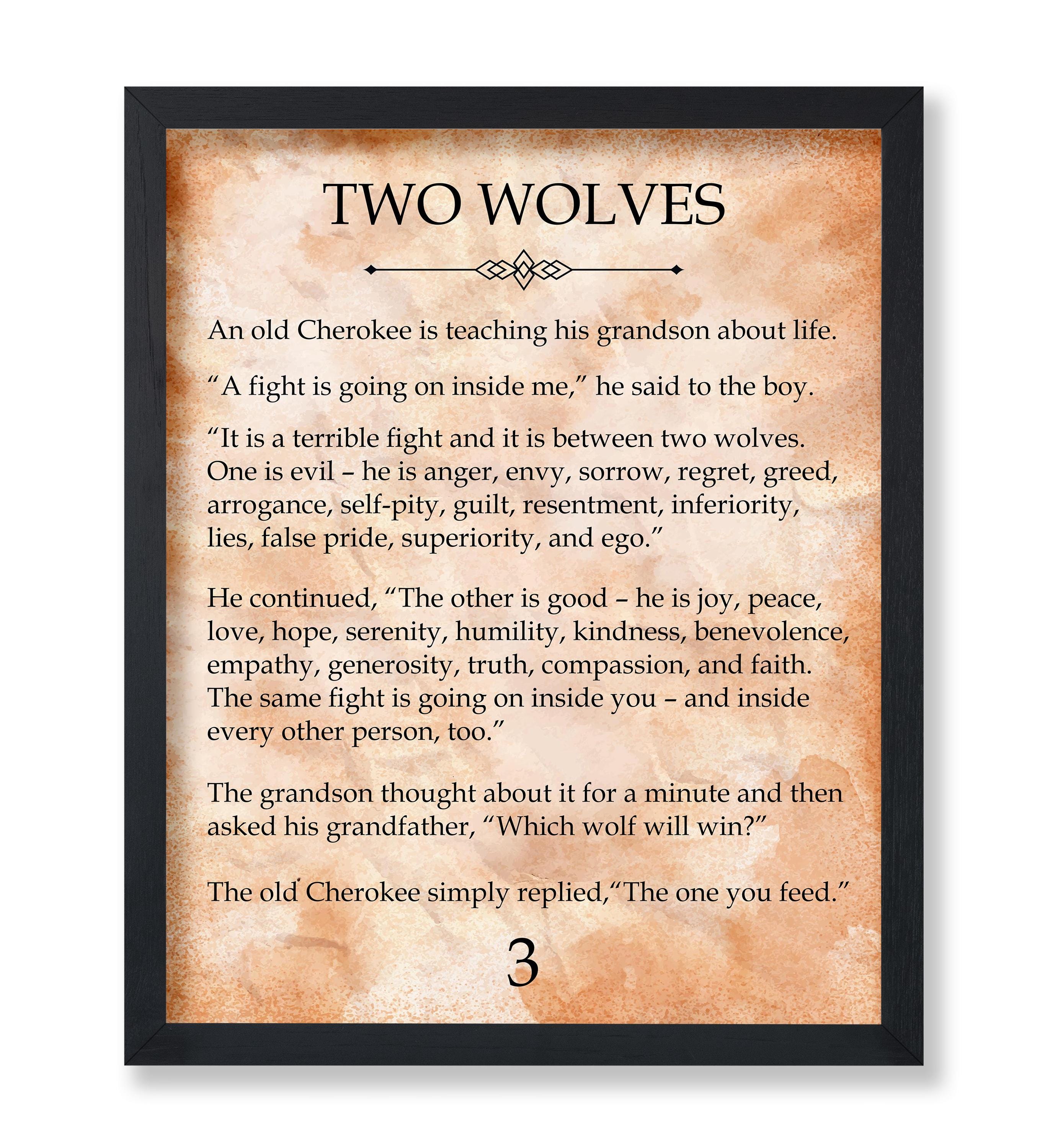 Two Wolves Poster - Cherokee Story Print - Story Book Art - Native American Quote Art - Wisdom Art - Motivational Decor for Bedroom, Nursery