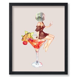 Póster con cabeza de bola de discoteca - Impresión de cóctel retro - Arte disco - Arte funky - Arte preppy - Arte con alcohol - Arte de moda - Arte boho chic