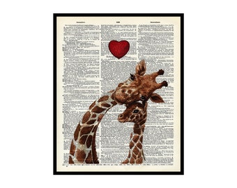 Dictionary Art Poster - Giraffe Mom and Baby Print - Giraffe Art - Red Heart Art - Decor for Bedroom, Nursery or Kid's Room (UNFRAMED)