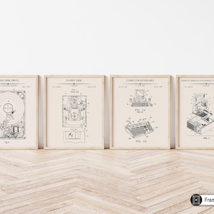 4-Piece Computer Blueprint Poster - Hard Disk Drive Patent Print - Floppy Disk Art - Electronics Art - Drawing Art - Black & White Art