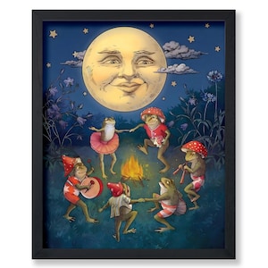Vintage Dancing Frogs Poster - Retro Moon Print - Mushroom Art - Gift for Kids & Children - Decor for Bedroom, Living Room or Nursery