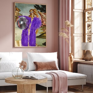 a living room with a couch and a painting on the wall