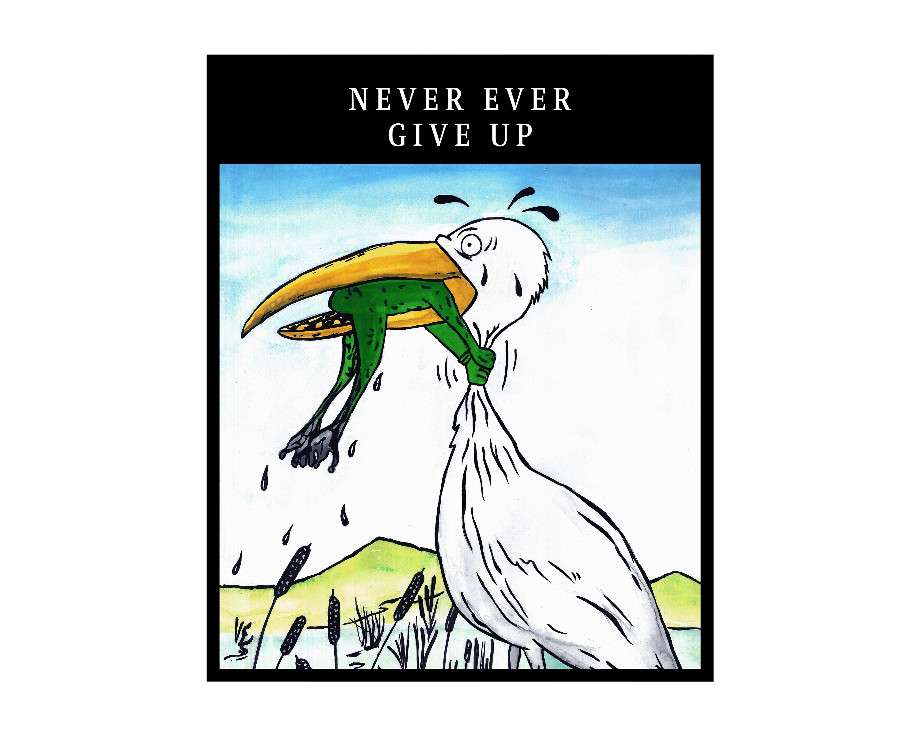 Never Ever Give up Poster Crane & Frog Print Motivational Quote Art