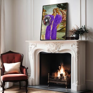 a picture of a woman in a purple dress sitting in front of a fire place