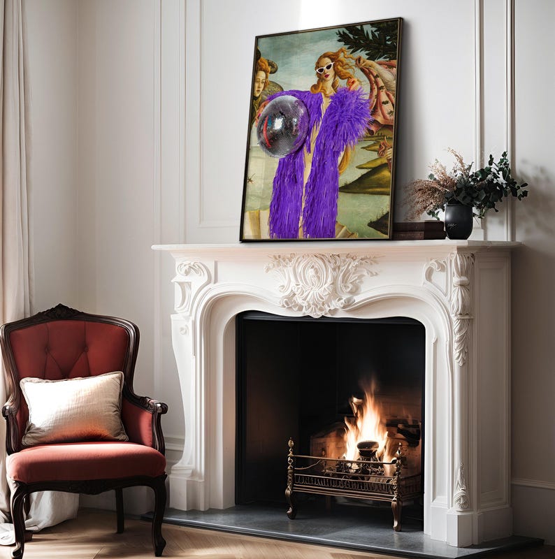 a picture of a woman in a purple dress sitting in front of a fire place