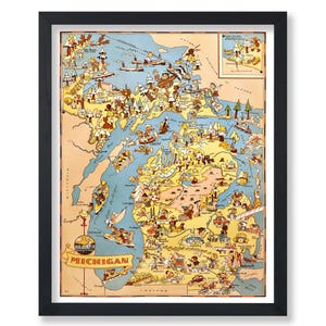 Map Poster - Retro Michigan Print - Pictorial Cartoon Map Art - Funny Gift for Travel Lovers - Cool Decor for Bedroom - UNFRAMED