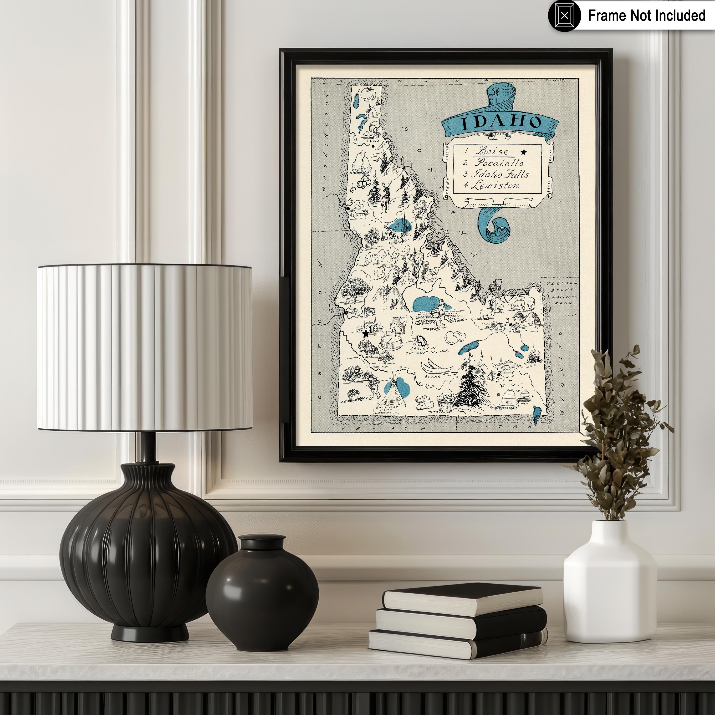 Vintage Map Poster - Retro Idaho Map Print - Idaho State Map Art - Wall ...