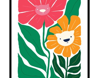Flower Poster - Retro Bear Print - Modern Art - Groovy Bear Art - Trendy Art - Aesthetic Kid's Room or Nursery Decor