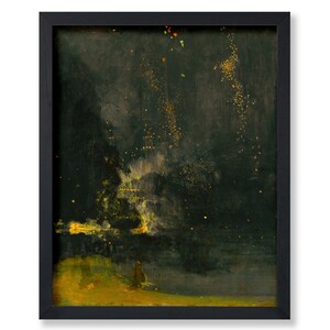 May include: A framed painting depicting a dark, nighttime scene with a bright yellow light in the center. The light is surrounded by a dark green and black background with small, scattered yellow and red dots.