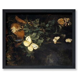 Póster de suelo de bosque vintage: pintura retro de naturaleza muerta con mariposas, lagartos y serpientes: decoración para el hogar y la oficina