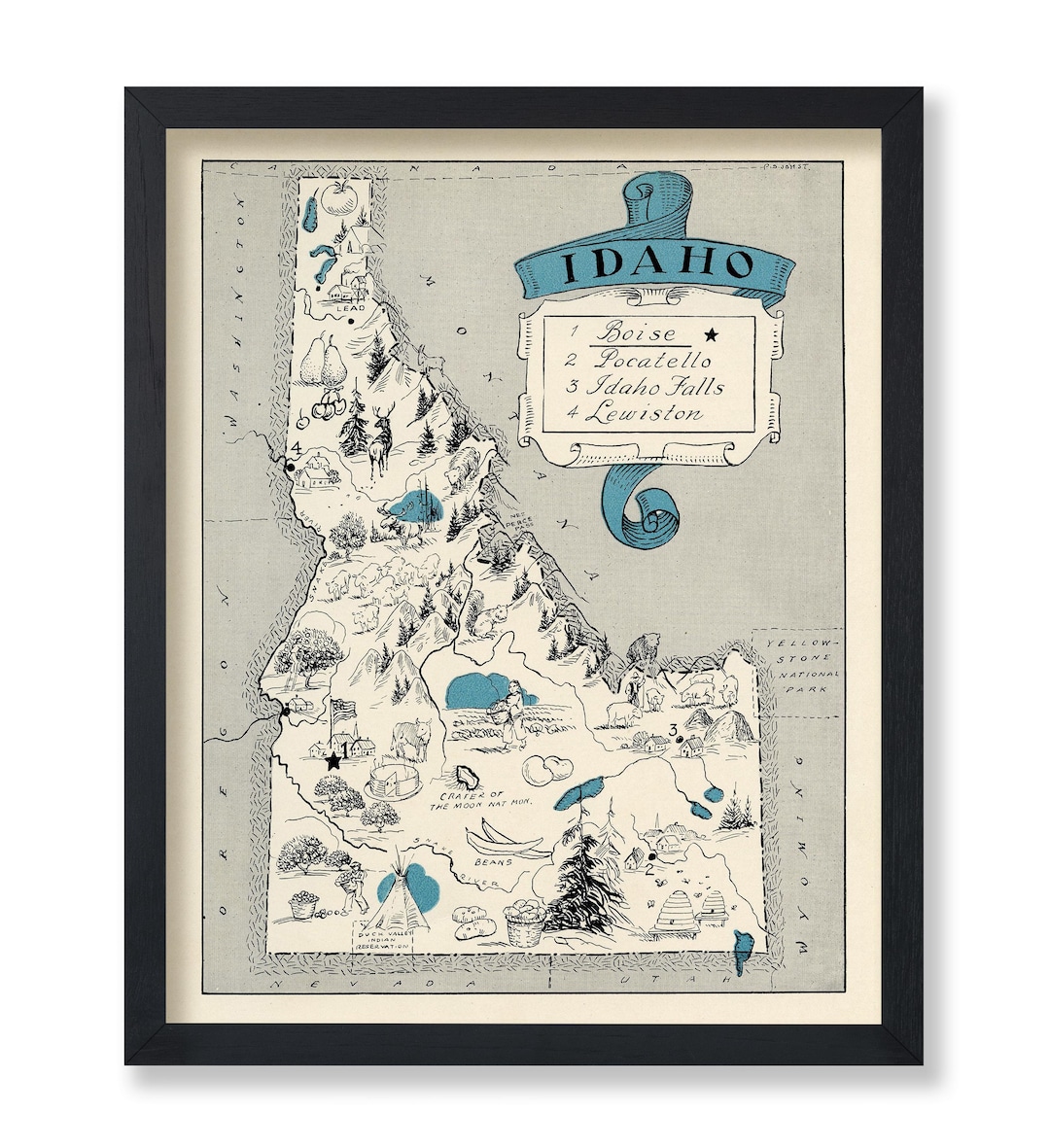 Vintage Map Poster - Retro Idaho Map Print - Idaho State Map Art - Wall ...