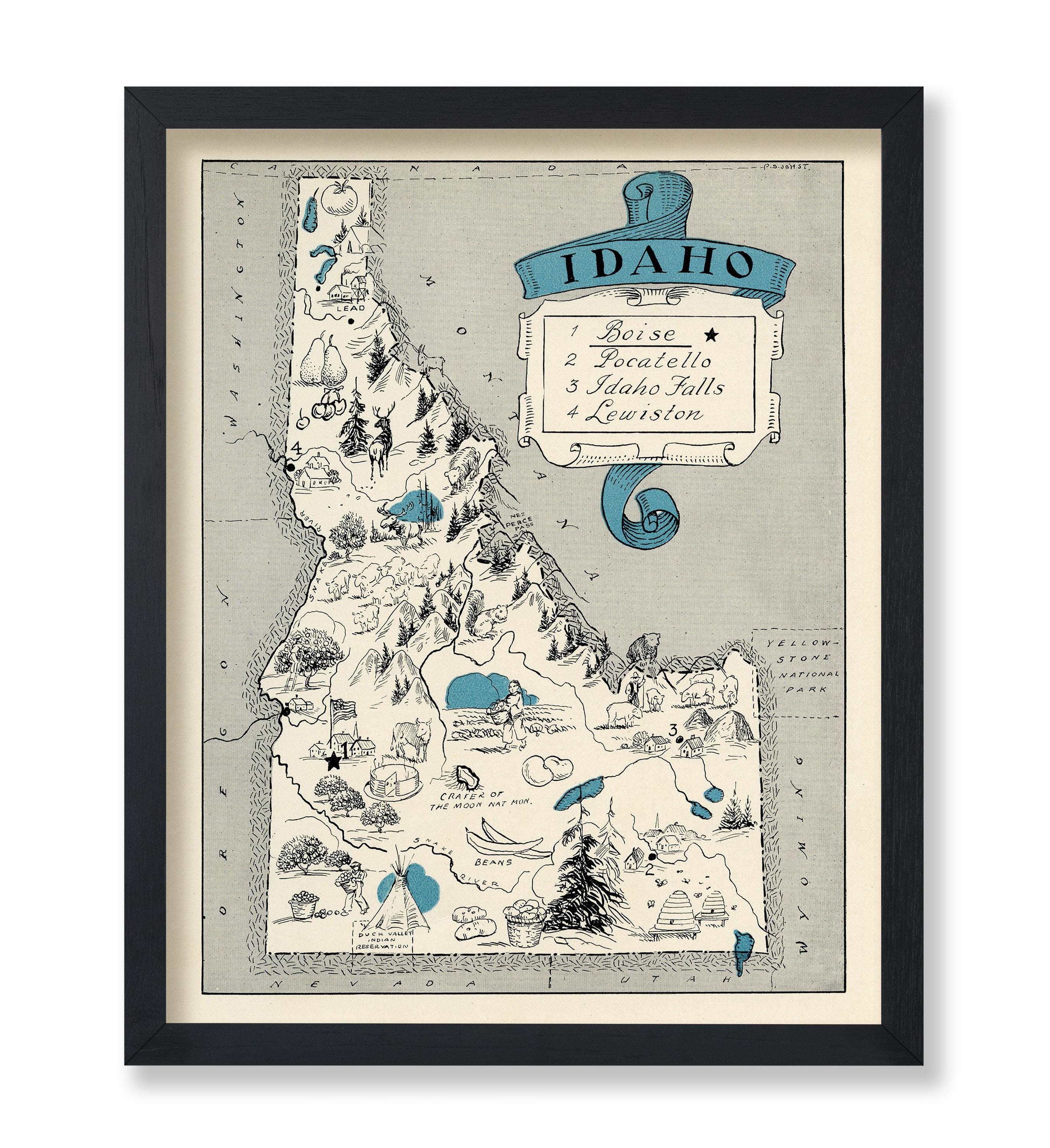 Vintage Map Poster - Retro Idaho Map Print - Idaho State Map Art - Wall ...