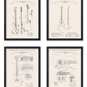 May include: Four framed black and white guitar patent prints. The prints feature detailed diagrams of different guitar designs, including a bass guitar, a V-shaped guitar, and a tremolo device. The text "GUITAR" and "ICONIC GUITAR" are visible.
