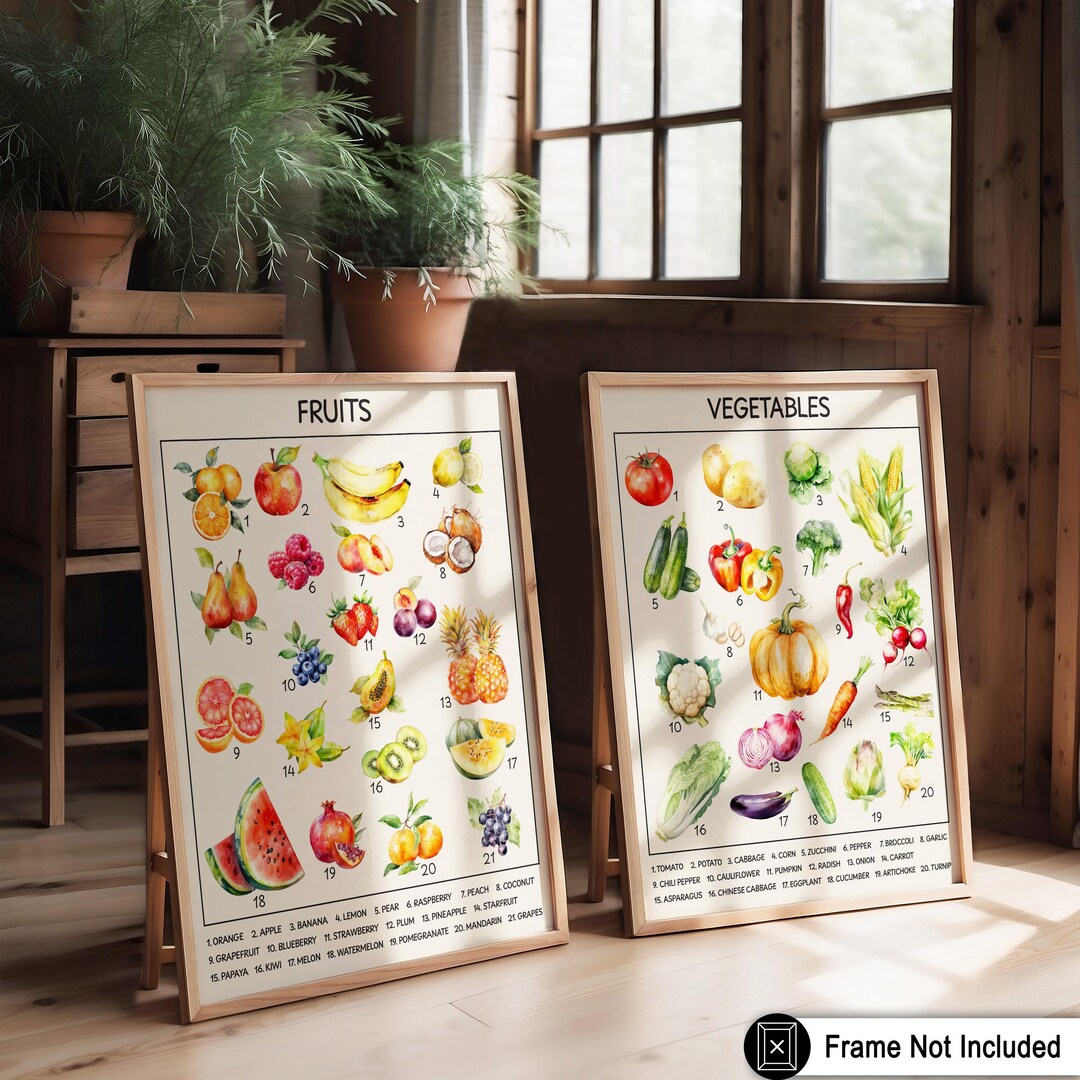 kitchen print set of 2 fruit print vegetable print... 2-piece Fruits and Vegetables Poster Set: Educational Kitchen Art Print ...
