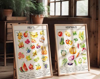 2-Piece Fruits and Vegetables Poster Set: Educational Kitchen Art Print