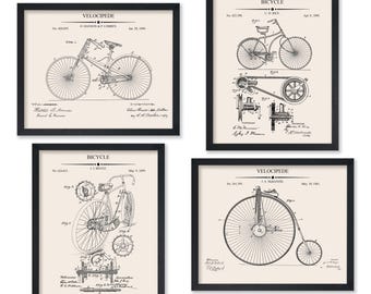 4-Piece Vintage Bicycle Blueprint Poster - Velocipede Patent Print - Bicycle Art - Transportation Art - Bike Enthusiast Art