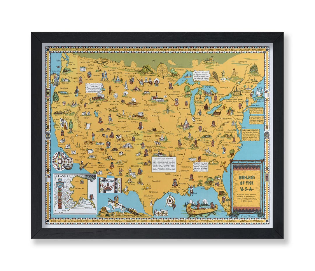 Vintage Map Poster - Retro Native American Tribes Art Print - Pictorial ...
