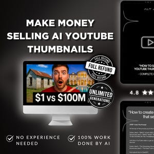 May include: Image promoting a guide on selling AI-generated YouTube thumbnails. The image features a computer screen with a man's face, text, and graphics. Additional elements include a tablet, a star rating, and text that reads "Make Money Selling AI YouTube Thumbnails."