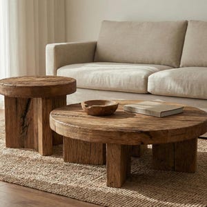 May include: A living room scene featuring two rustic wooden tables and a beige sofa. The round coffee table has a small wooden bowl and a book on top. The smaller side table is also round. The tables sit on a woven rug.
