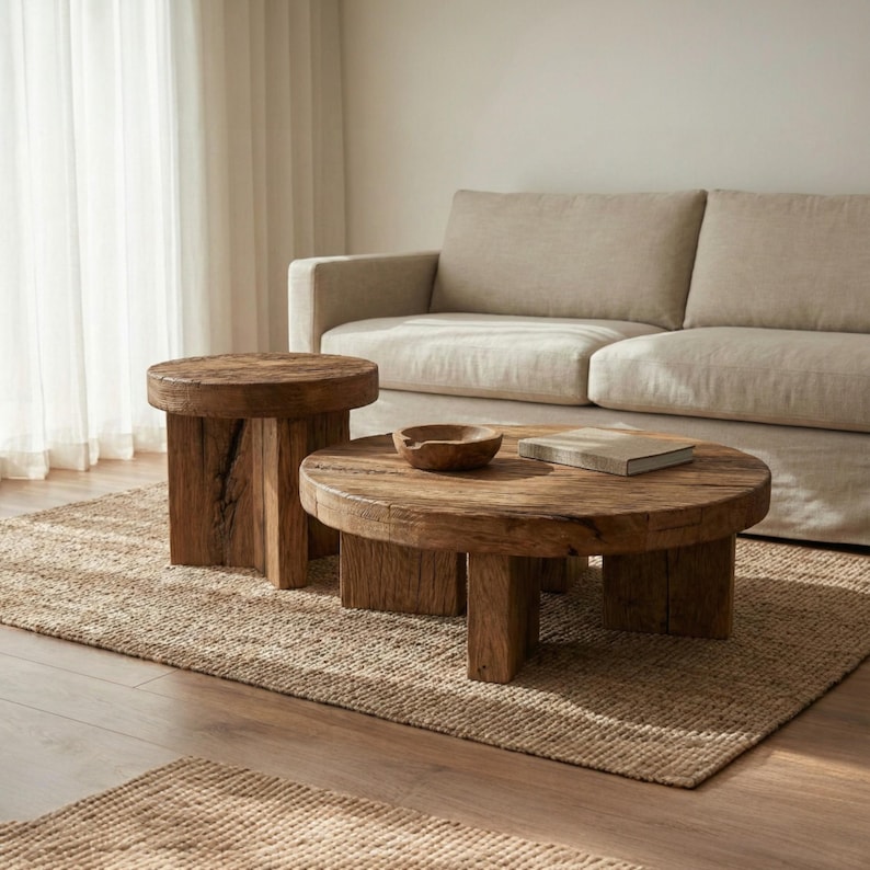 Reclaimed Wood Coffee Table Set – Handmade Rustic Oak Side Tables, Vintage Farmhouse Living Room Decor image 1