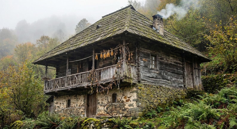 May include: A rustic, two-story wooden cabin with a stone foundation and a moss-covered roof. The cabin has a balcony, a chimney with smoke, and dried corn hanging from the balcony. The surrounding area is lush with green foliage.