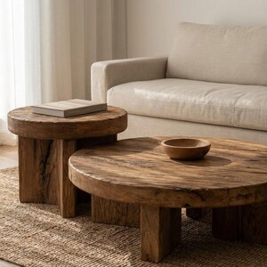 May include: A rustic living room scene featuring a light-colored sofa, a woven rug, and two wooden tables. The tables are made of reclaimed wood, with a round coffee table and a smaller side table. A small wooden bowl sits on the coffee table.