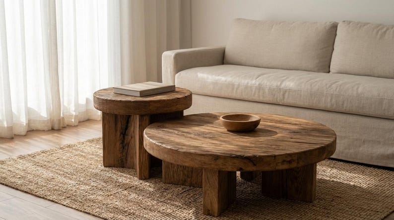 May include: A rustic living room scene featuring a light-colored sofa, a woven rug, and two wooden tables. The tables are made of reclaimed wood, with a round coffee table and a smaller side table. A small wooden bowl sits on the coffee table.