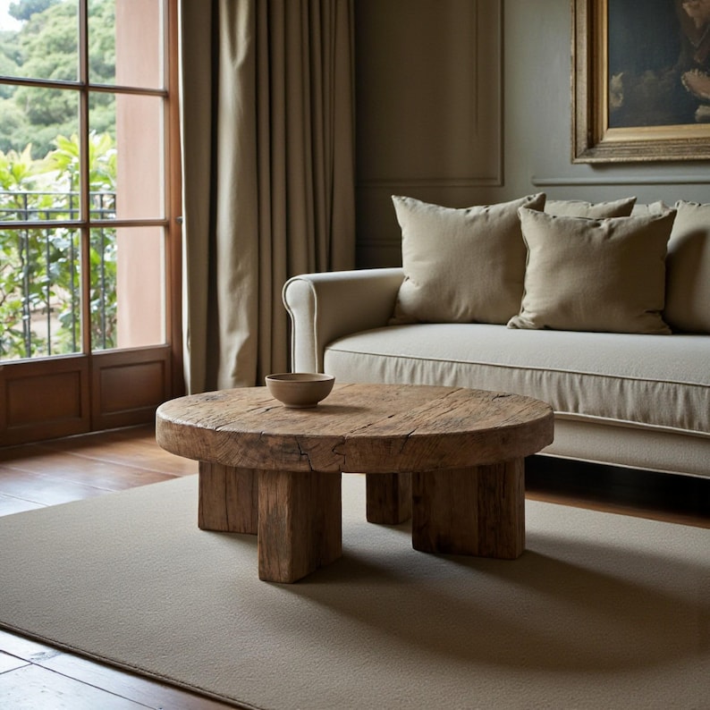May include: A rustic, round wooden coffee table with a natural finish. The table has a thick, weathered top and sturdy, block-style legs. A small, light-colored bowl sits on the table. The table is placed on a neutral-toned rug in front of a beige sofa.