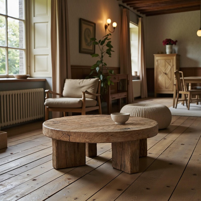 May include: A rustic, round wooden coffee table with a natural finish. The table has a thick top and is supported by four sturdy, block-shaped legs. A small, light-colored bowl sits on the table's surface. The table is in a room with wood flooring and natural light.
