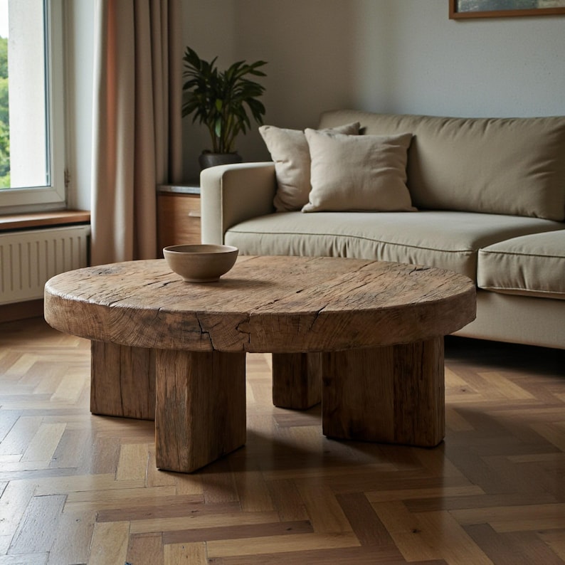 May include: A round, rustic coffee table made of reclaimed wood. The table has a thick, circular top supported by four sturdy, rectangular legs. A small, light brown bowl sits on the table's surface. The table is in a living room setting.