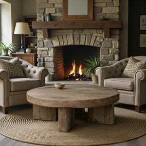 May include: A cozy living room scene featuring a round, rustic wooden coffee table with a natural finish. Two beige armchairs with patterned pillows flank the table. A stone fireplace with a burning fire and a jute rug complete the warm, inviting space.
