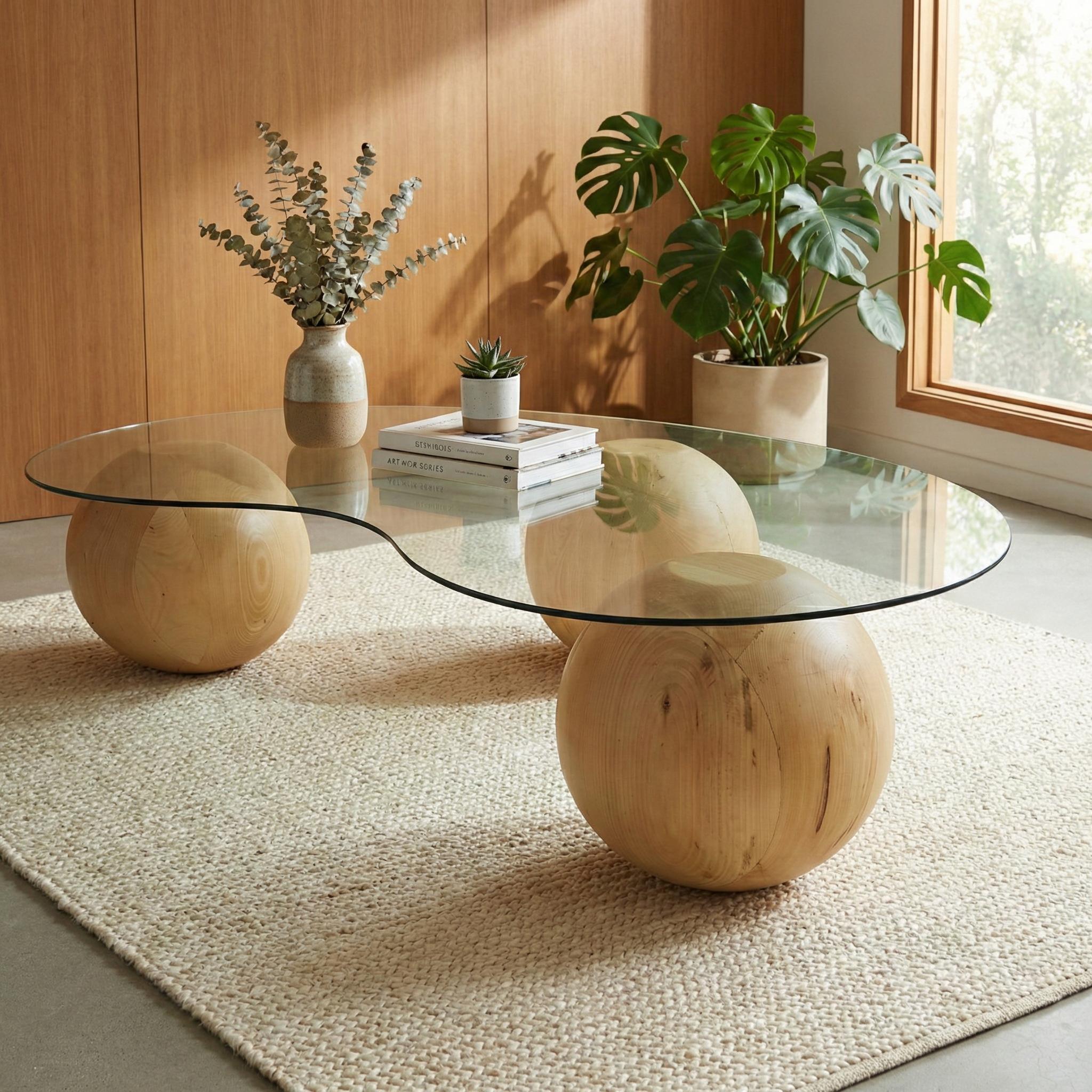 Einzigartiger Couchtisch, Nierentisch, Dekorative Holzkugeln, Glastisch, Wohnzimmer Dekor, Einzigartige Maserung des Holzes