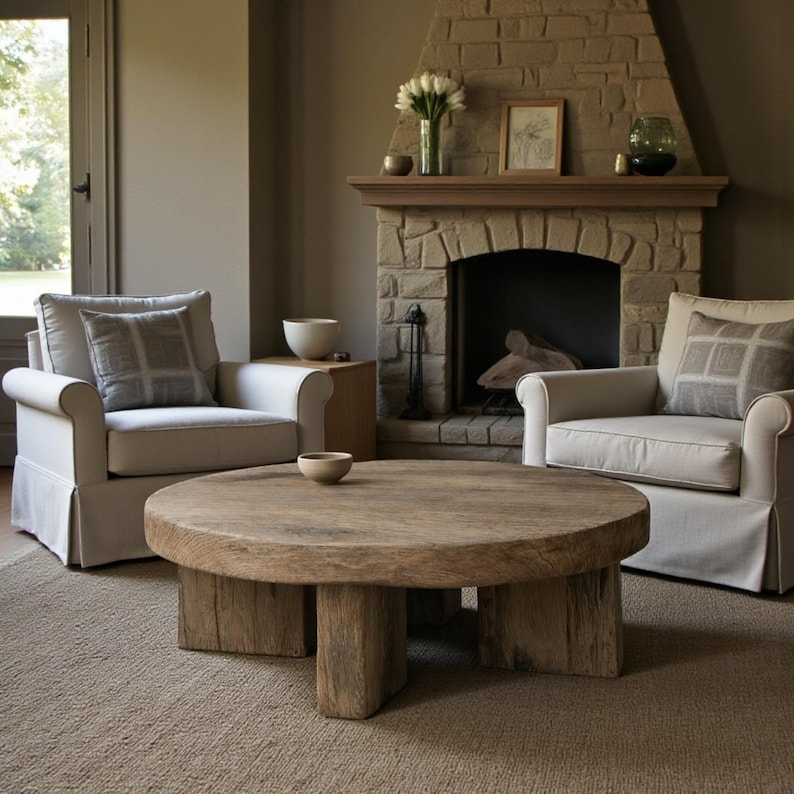 May include: A living room scene featuring a large, round, weathered wood coffee table. Two cream-colored armchairs with plaid pillows flank the table. A stone fireplace and a neutral-toned rug complete the cozy, rustic aesthetic.