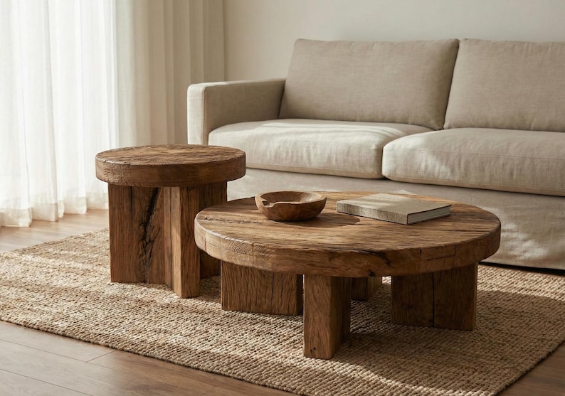 May include: A living room scene featuring two rustic wooden tables and a beige sofa. The round coffee table has a small wooden bowl and a book on top. The smaller side table is also round. The tables sit on a woven rug.