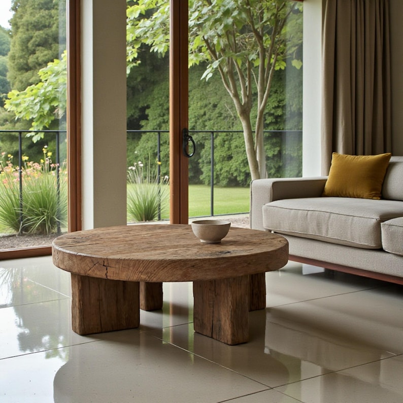 May include: A rustic, round wooden coffee table with a natural finish. The table has a thick, circular top supported by four sturdy, rectangular legs. A small, light-colored bowl sits on the table's surface. The table is in a living room setting.