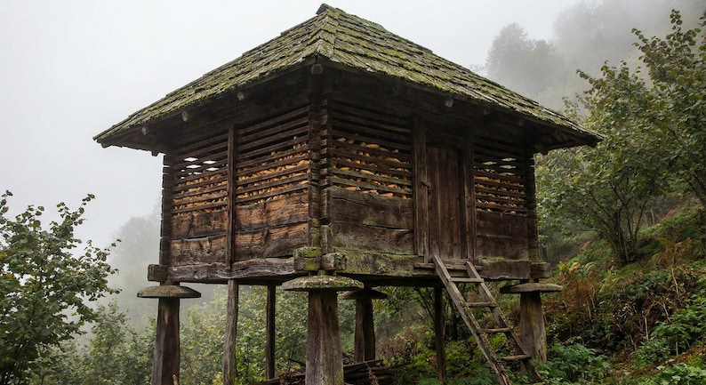 May include: A weathered wooden structure with a gabled roof, elevated on sturdy posts. The building has a ladder leading to a door and horizontal slats. The roof is covered in moss, and the surrounding area is lush with greenery.
