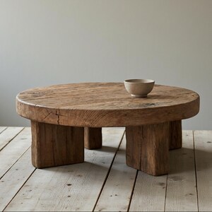 May include: A rustic, round coffee table made of weathered wood. The table has a thick, circular top supported by four sturdy, rectangular legs. A small, beige bowl sits on the tabletop. The table is on a light wood floor.