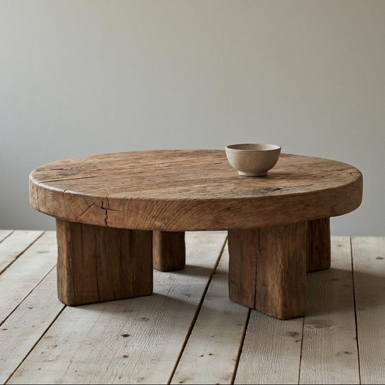 May include: A rustic, round coffee table made of weathered wood. The table has a thick, circular top supported by four sturdy, rectangular legs. A small, beige bowl sits on the tabletop. The table is on a light wood floor.