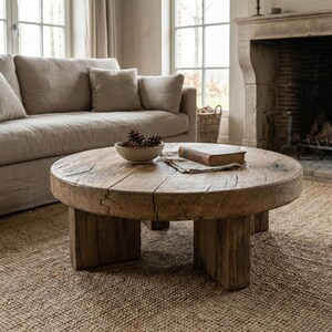 May include: A rustic, round wooden coffee table with a distressed finish. The table has a thick top and sturdy, square legs. A bowl of pinecones and a book rest on the table. The table sits on a woven rug in a living room setting.