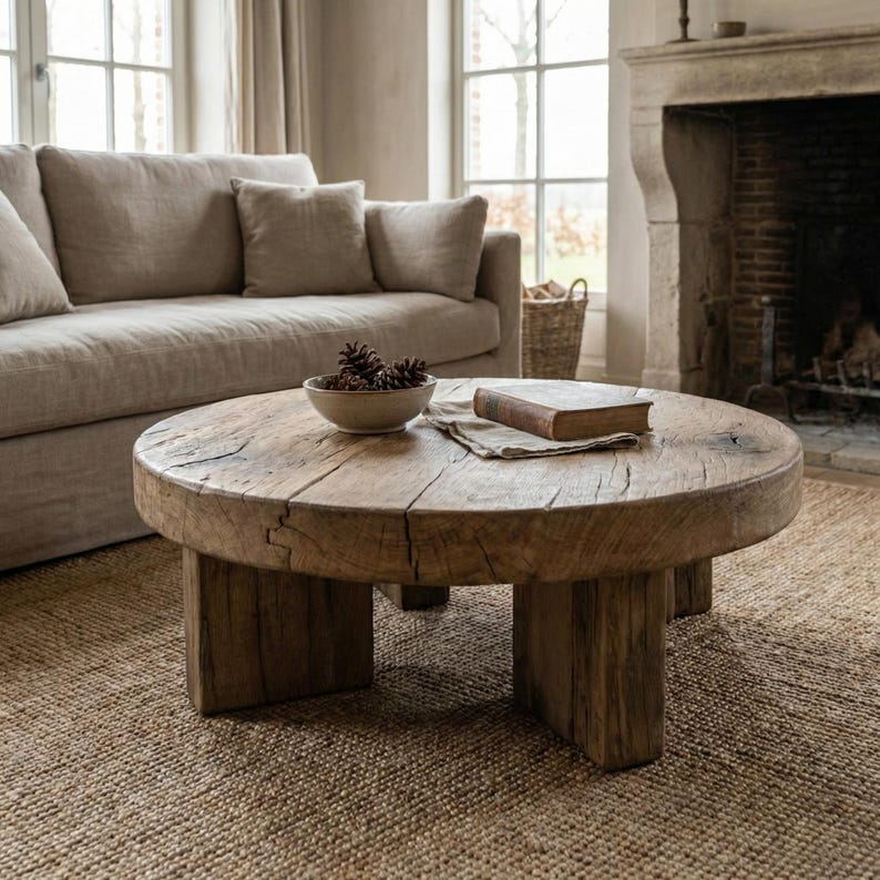 May include: A rustic, round wooden coffee table with a distressed finish. The table has a thick top and sturdy, square legs. A bowl of pinecones and a book rest on the table. The table sits on a woven rug in a living room setting.
