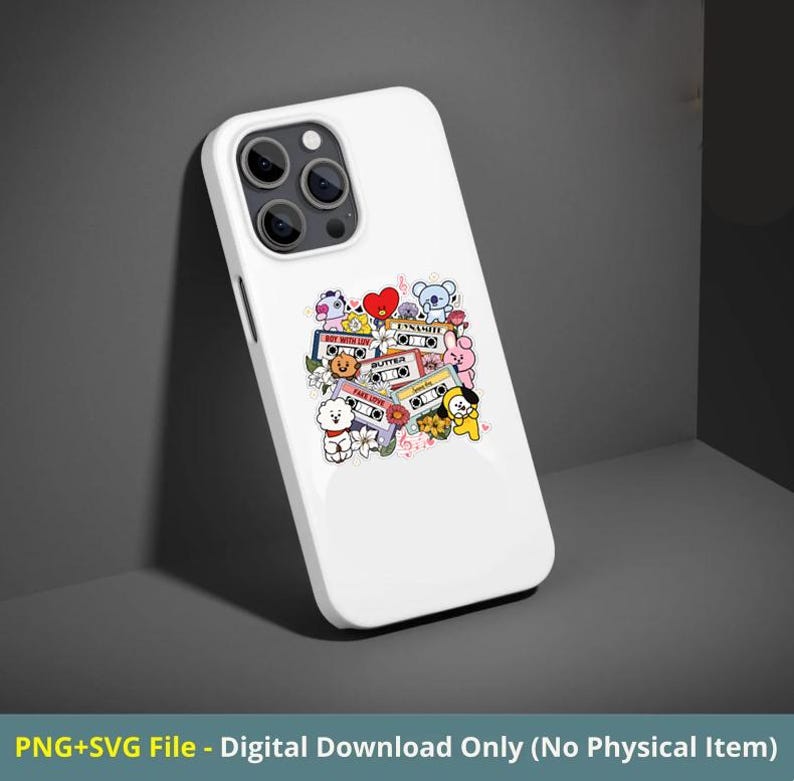 K&ouml;nnte beinhalten: Wei&szlig;es iPhone-Case mit einer farbenfrohen Grafik mit Zeichentrickfiguren, Kassetten und Herzen. Das Case hat eine gl&auml;nzende Oberfl&auml;che und einen Kameraausschnitt. Der Text unten lautet "PNG+SVG File - Digital Download Only (No Physical Item)".