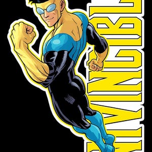 May include: Illustration of a superhero in a dynamic pose, with a yellow and blue color scheme. The character is wearing a blue and black suit, with the word "INVINCIBLE" in yellow block letters on the right side of the image. The background is black.