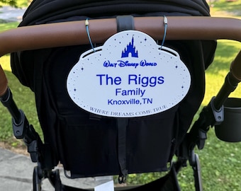 Etiqueta personalizada para cochecito estilo parque temático / Letrero personalizado con el nombre de la familia para cochecito, regalo para baby shower, regalo para papá primerizo, regalo para mamá primeriza, letrero con el nombre del bebé